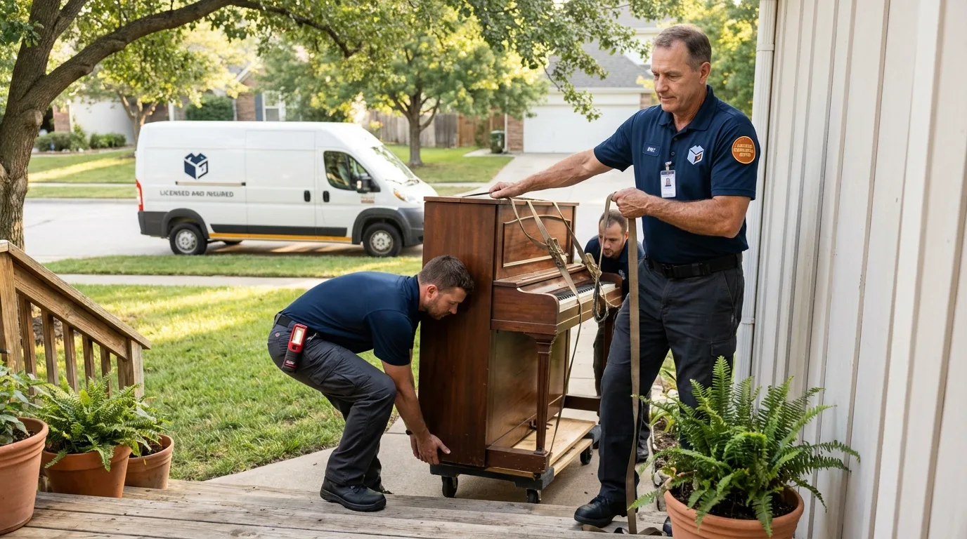 Licensed piano movers securing grand piano in Seneca, MO