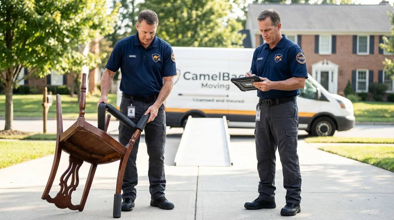 Movers inspecting furniture for damage prevention before loading in Seneca, MO