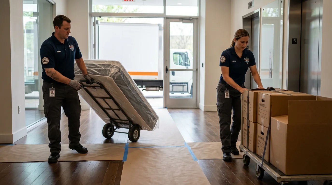 Professional apartment movers loading elevator in Seneca, MO